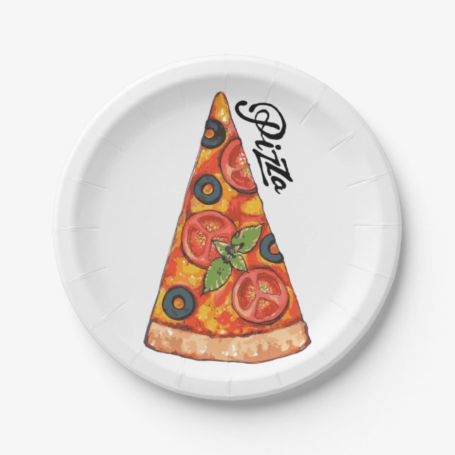 Slice of Italian pizza with tomatoes and olives Sq Paper Plate (Front)