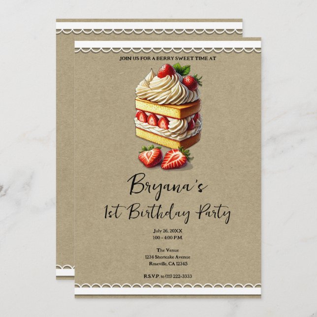 Slice of Strawberry Shortcake 1st 1 Birthday Party Invitation (Front/Back)