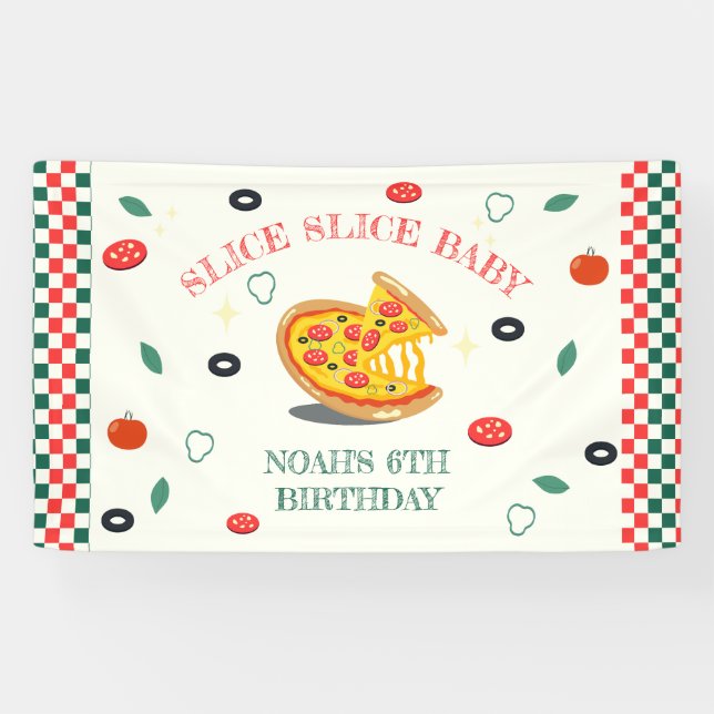 Slice Slice Baby Modern Pizza Birthday party Banner (Horizontal)