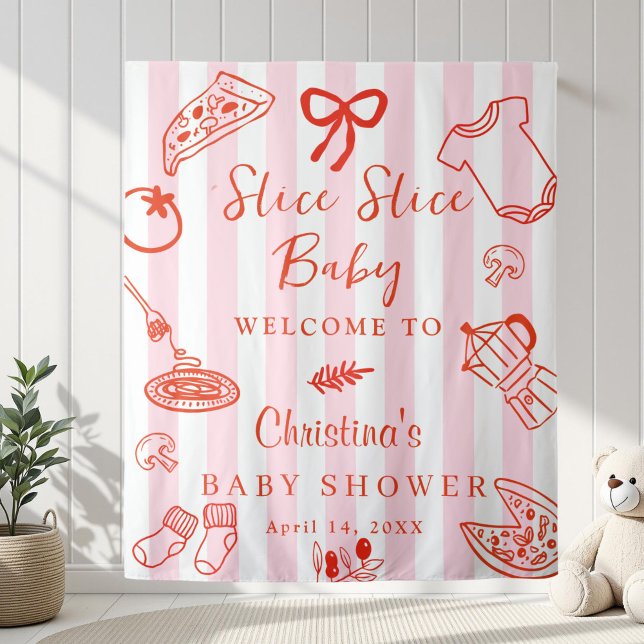 Slice Slice Baby Pizza Baby Shower Backdrop Tapestry (Elegant Hand Drawn Italian Food Baby shower Backdrop)
