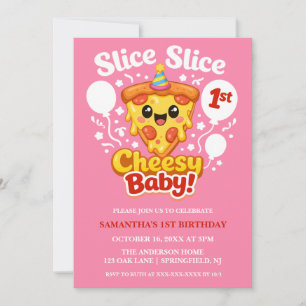 Slice Slice Baby Pizza Girl 1st Birthday Photo Invitation