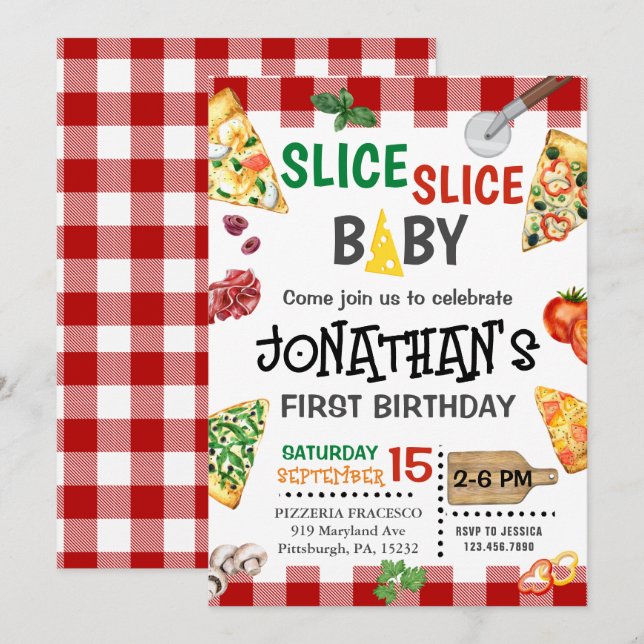 Slice Slice Baby Pizza Party 1st Birthday Invitation (Front/Back)