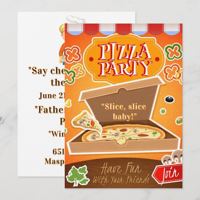 Slice, Slice Baby! Pizza Party Invitation  ("Hot pizza, family time" wine and beer!)