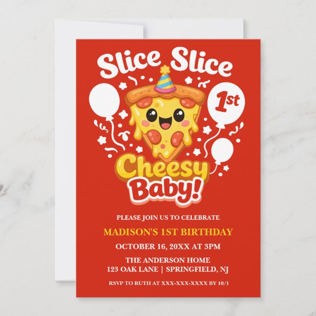 Slice Slice Cheesy Baby Pizza 1st Birthday Photo Invitation (Front)