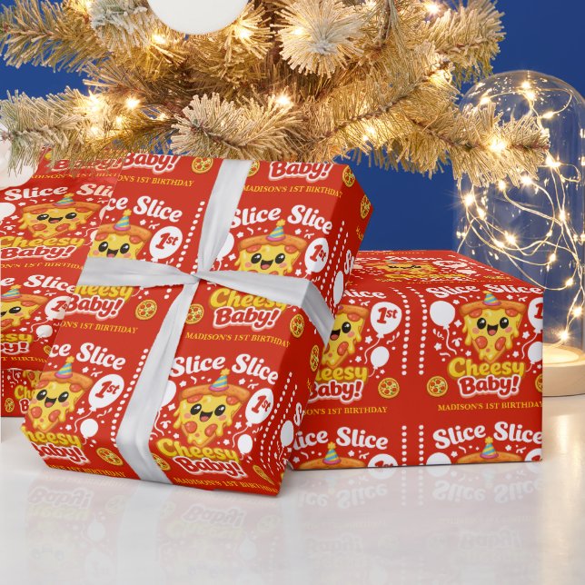 Slice Slice Cheesy Baby Pizza 1st Birthday Wrapping Paper (Holidays)