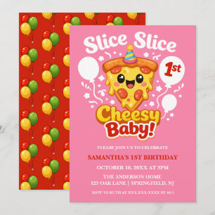 Slice Slice Cheesy Baby Pizza Girl 1st Birthday Invitation