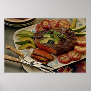 Sliced beef roast with grilled red onions and avoc poster