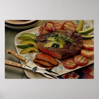 Sliced beef roast with grilled red onions and avoc poster