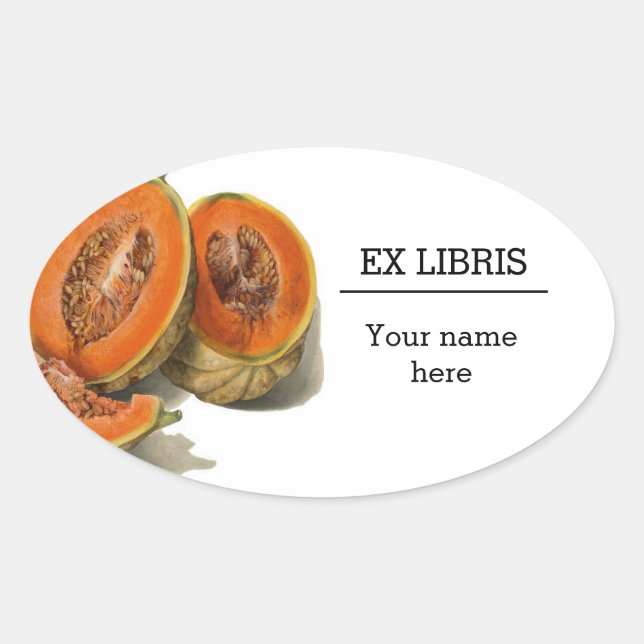 Sliced cantaloupe melon illustration ex libris oval sticker (Front)