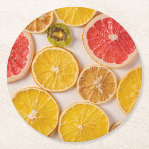 Sliced Oranges Grapefruit and Kiwi Pattern Fruit Round Paper Coaster