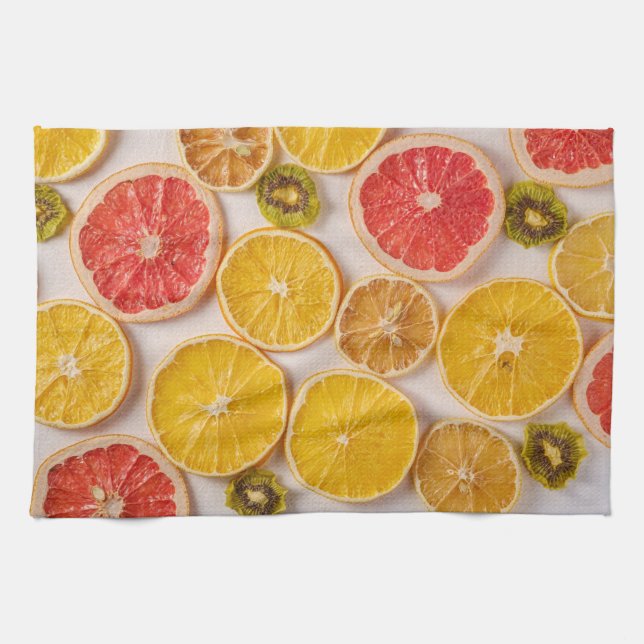 Sliced Oranges Grapefruit and Kiwi Pattern Fruit Tea Towel (Horizontal)