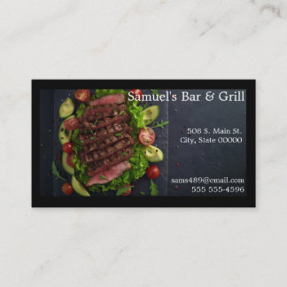 Sliced steak on salad greens business card