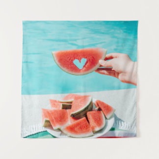 Sliced watermelon on white paper tapestry