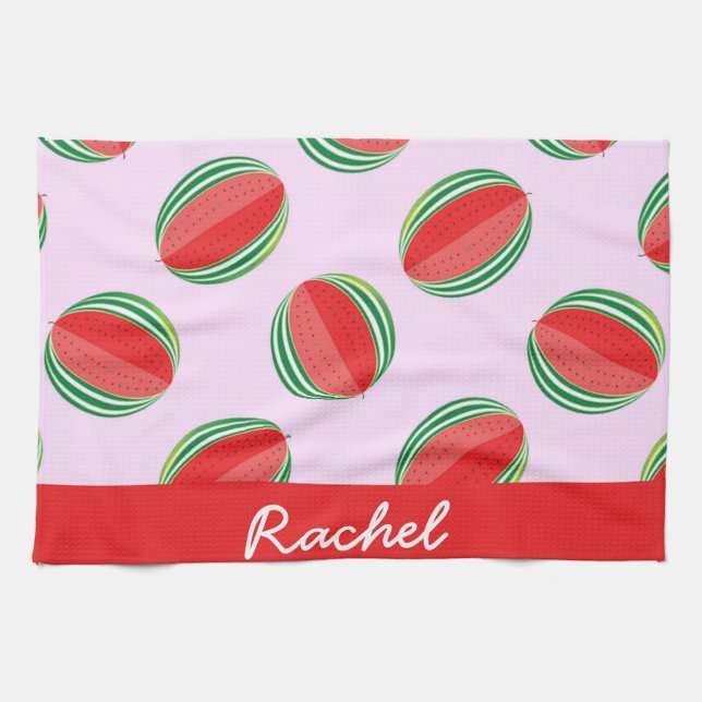 Sliced watermelon pattern on pink tea towel (Horizontal)