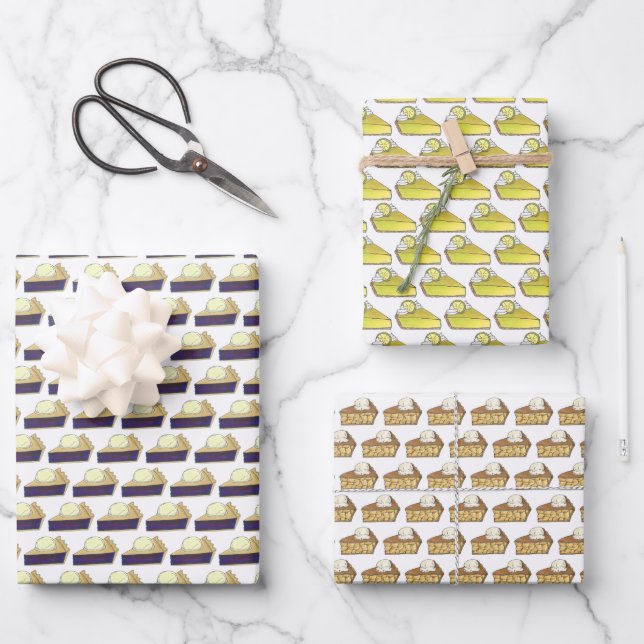 Slices Apple Blueberry Key Lime Fruit Pie Piece Wrapping Paper Sheet (Front)