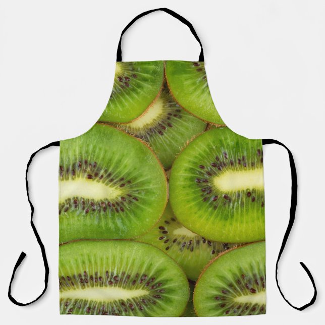 Slices of fresh and ripe kiwi fruit in rowsbrown,c apron (Front)