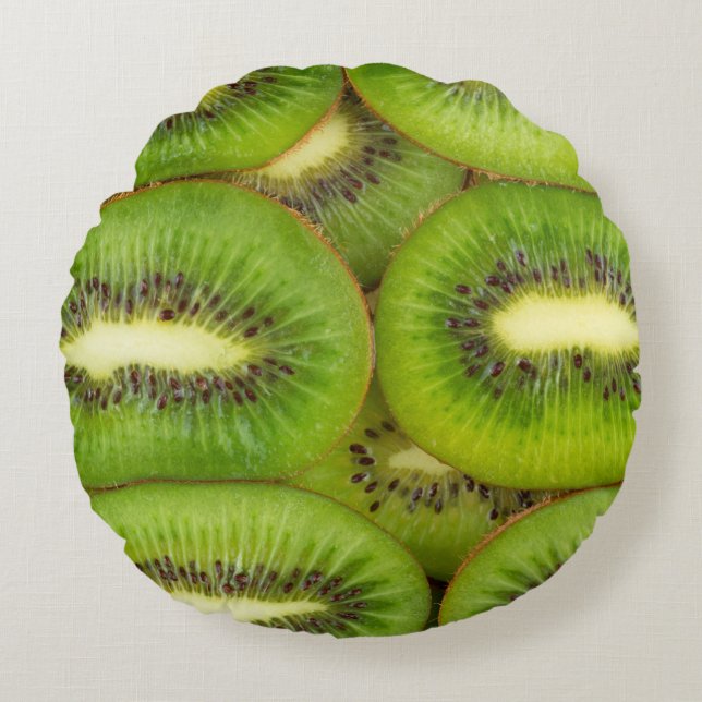 Slices of fresh and ripe kiwi fruit in rowsbrown,c round cushion (Front)