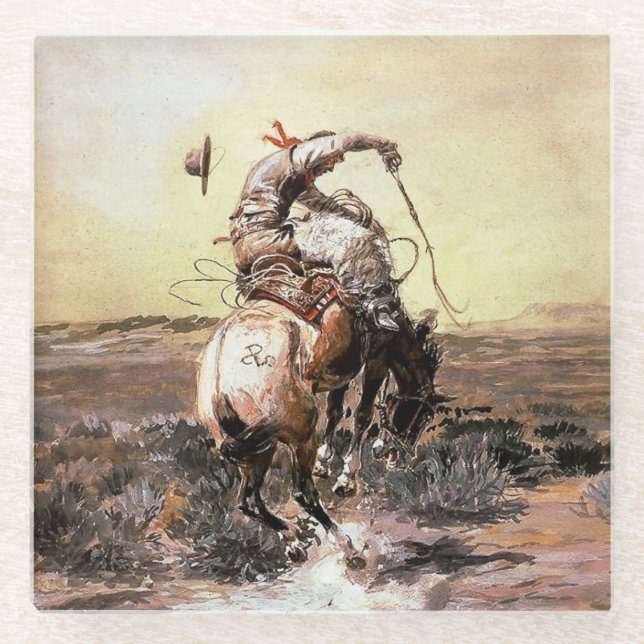 “Slick Rider” Western Art by Charles M Russell Glass Coaster (Front)