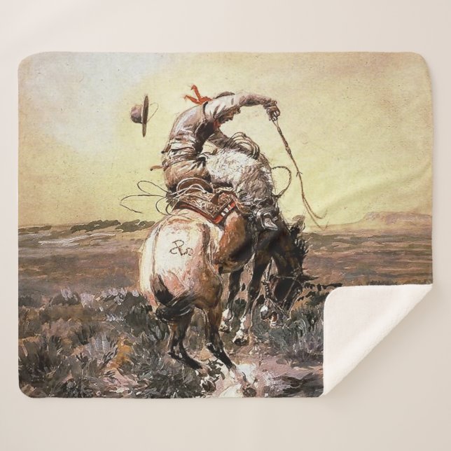 “Slick Rider” Western Art by Charles M Russell Sherpa Blanket (Front (Horizontal))