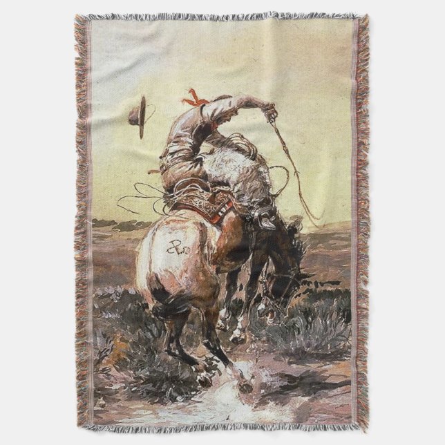 “Slick Rider” Western Art by Charles M Russell Throw Blanket (Front Vertical)