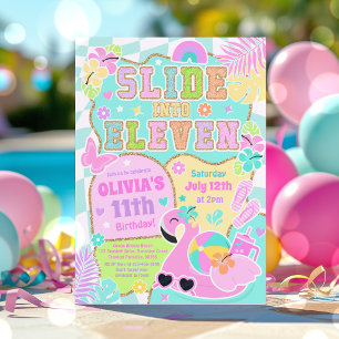 Slide Into Eleven Preppy Girl Pool Party Birthday  Invitation