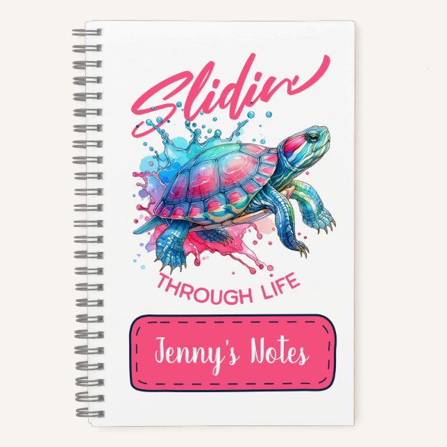 Slidin' Through Life Turtle Colourful Watercolor Notebook (Front)