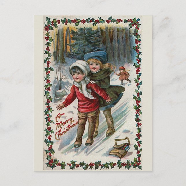 "Sliding down the Hill" Vintage Christmas Postcard (Front)
