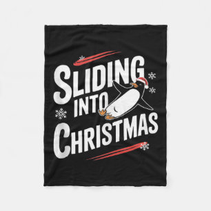 Sliding Into Christmas - Funny Penguin Christmas Fleece Blanket