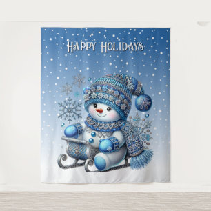 Sliding Snowman Christmas Holiday Backdrop Tapestry