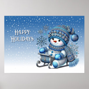Sliding Snowman Christmas Holiday Poster