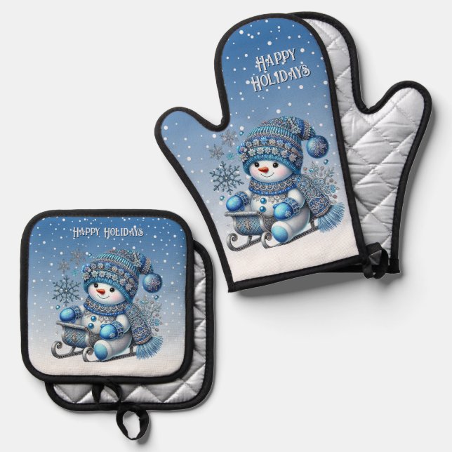 Sliding Snowman Holiday Oven Mitt & Pot Holder Set (Front/Back)
