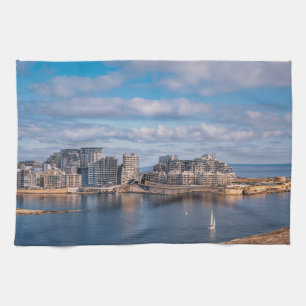 Sliema harbour and skyscrapers in Malta Tea Towel