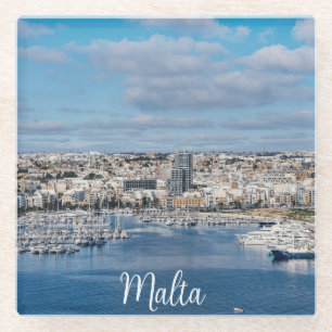 Sliema harbour with modern buildings and boats glass coaster