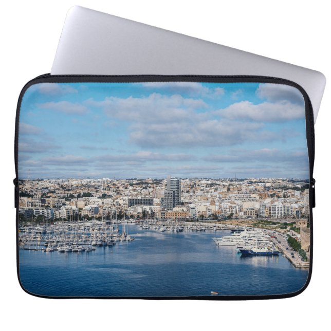 Sliema harbour with modern buildings and boats laptop sleeve (Front)