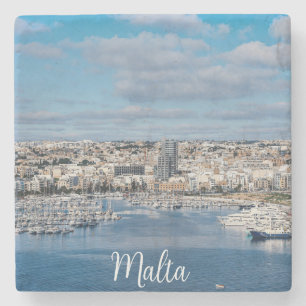Sliema harbour with modern buildings and boats stone coaster
