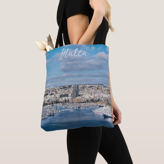 Sliema harbour with modern buildings and boats tote bag (Close Up)
