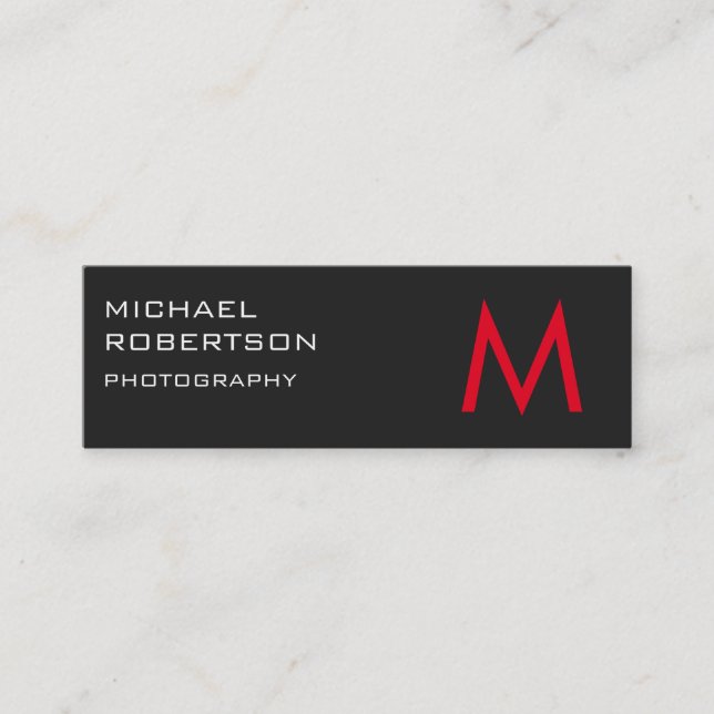 Slim Red Grey Monogram Photographer Business Card (Front)