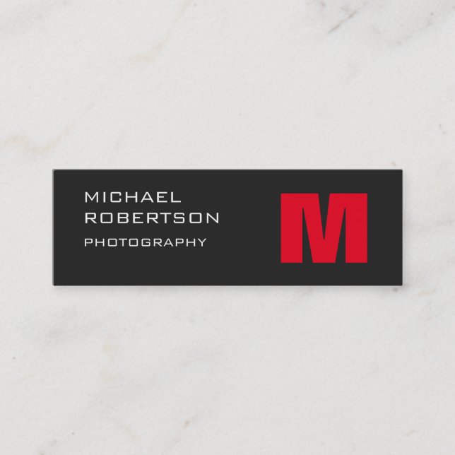 Slim Red Grey Monogram Photographer Business Card (Front)