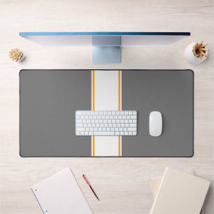 Slim White Yellow Racing Stripes On Elegant Grey Desk Mat