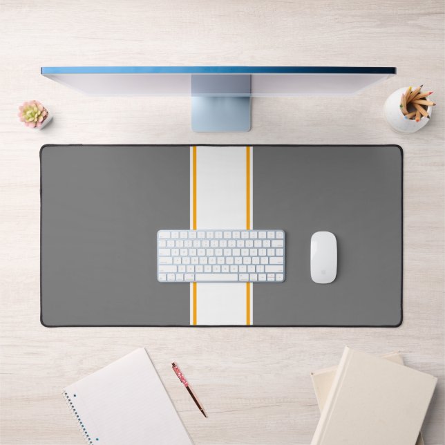 Slim White Yellow Racing Stripes On Elegant Grey Desk Mat (Office 1)