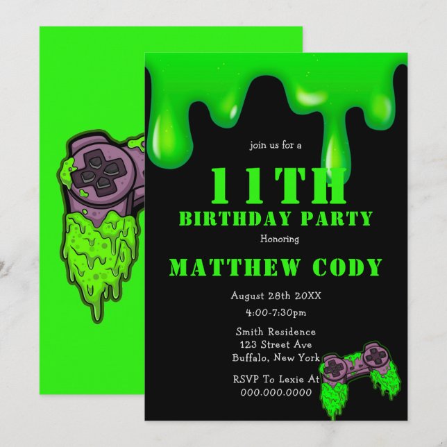 Slime and Games Boy 11th  Birthday Party Invites (Front/Back)