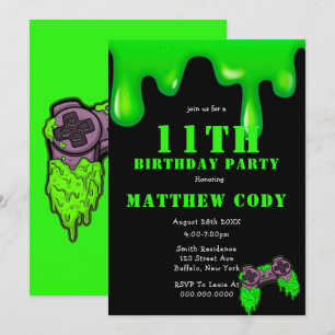 Slime and Games Boy 11th Birthday Party Invites