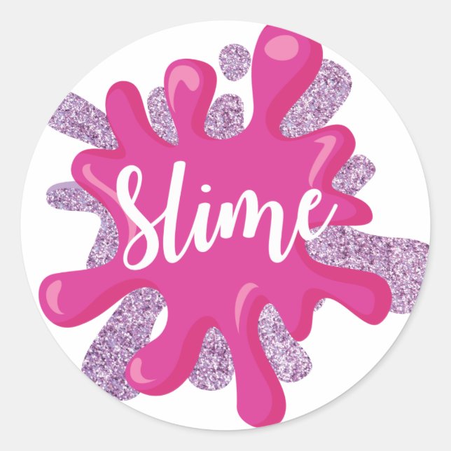 Slime birthday favour stickers in pink and purple (Front)