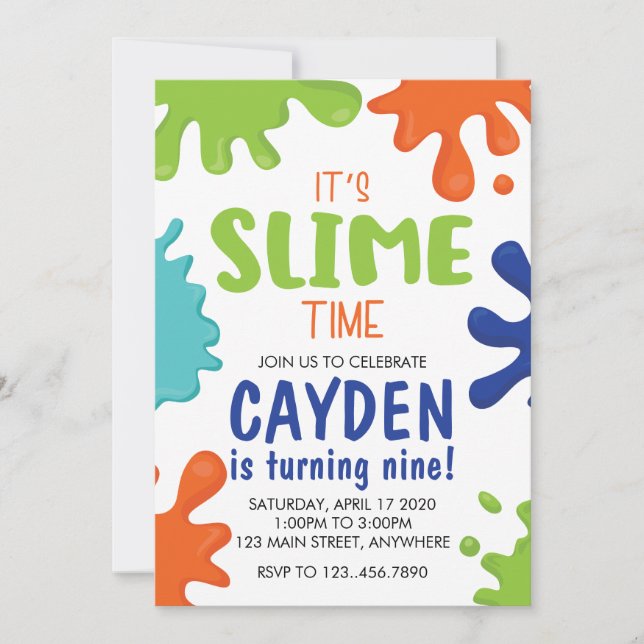 Slime Birthday Invitation Green, Blue and Orange (Front)
