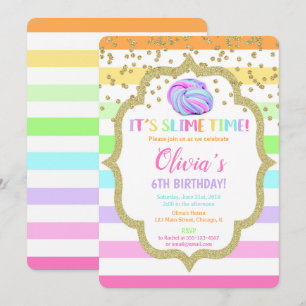 Slime birthday invitation, pastel rainbow girl invitation