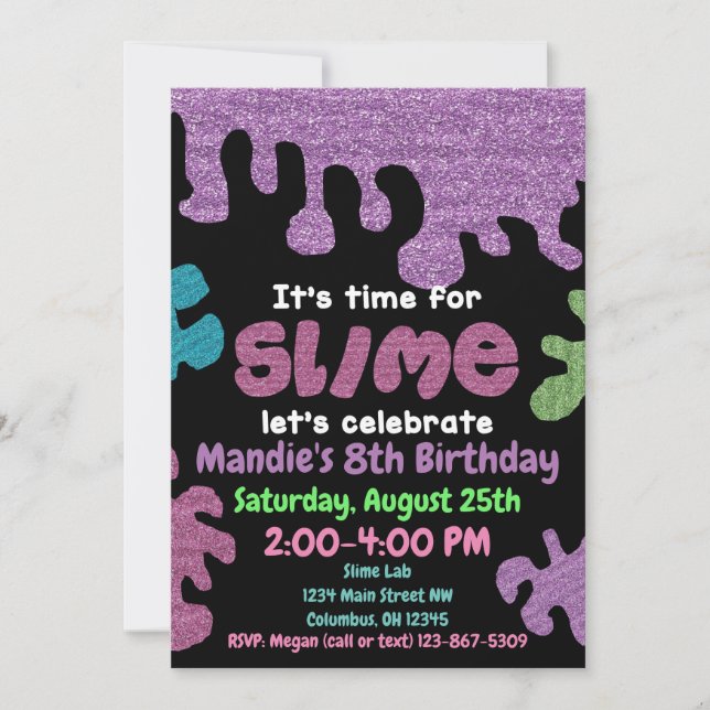Slime birthday party invitation; slime lab; girls invitation (Front)