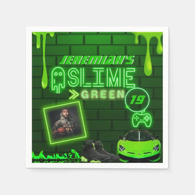 Slime Green | Photo Birthday Party Neon Green Napkin (Front)
