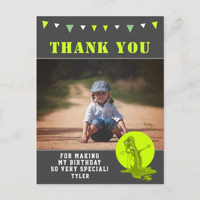Slime Monster Green Kids Photo Birthday Thank you Postcard (Front)