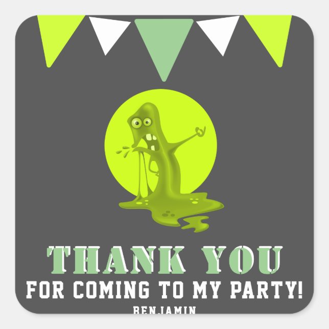 Slime Monster Kids Thank you Birthday Square Sticker (Front)