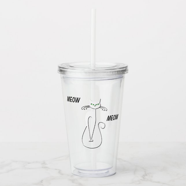 Slinky Black Cat Meow Meow Custom Text Green Eyes Acrylic Tumbler (Front)